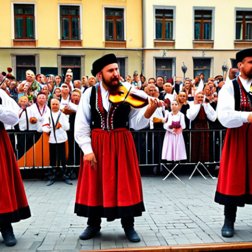 ** A vibrant Hungarian folk music festival in Budapest, with traditional musicians playing cimbaloms, violins, and other instruments. Focus on the energy and passion of the performers, and the colorful traditional costumes.

**