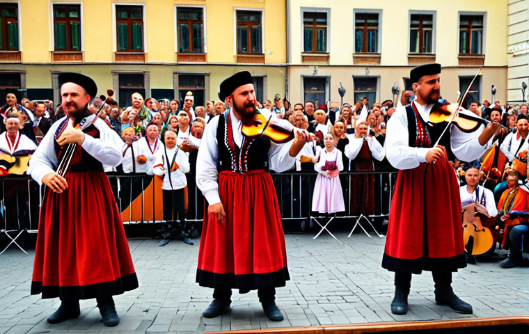 ** A vibrant Hungarian folk music festival in Budapest, with traditional musicians playing cimbaloms, violins, and other instruments. Focus on the energy and passion of the performers, and the colorful traditional costumes.

**